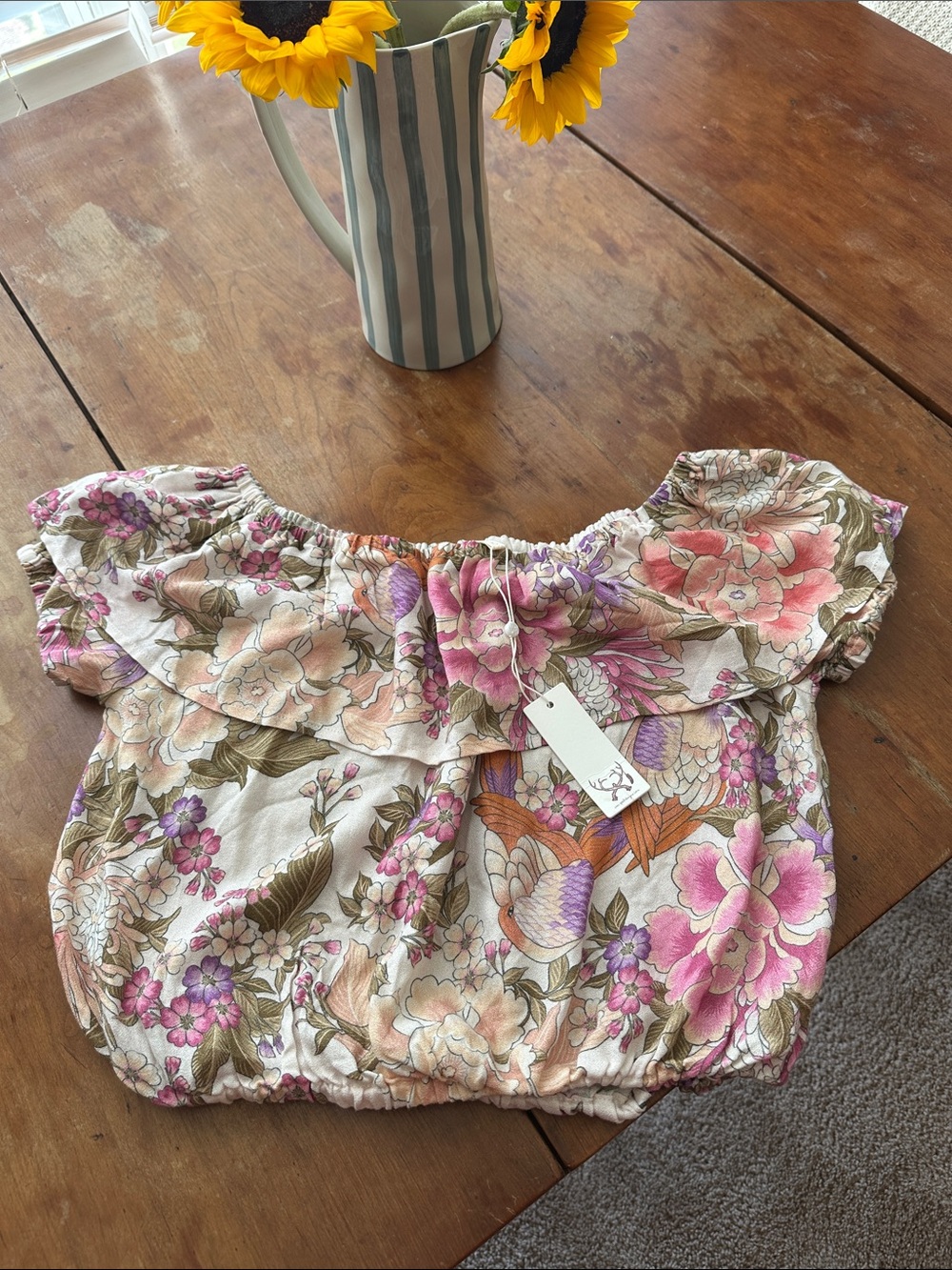 Spell Blue Skies Off-Shoulder Top — Pink, Cream, Green